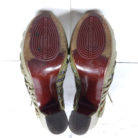 CHIE MIHARA Women's US7-7,5 EU38 Oliv Green Leather Caged Heels Strappy Sandals - Picture 11 of 16